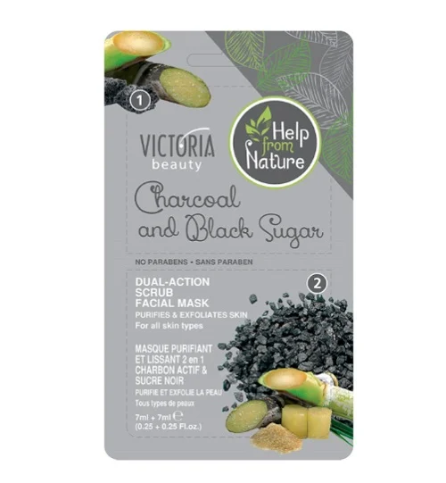 Victoria Beauty dvigubo poveikio šveičiamoji veido kaukė su anglimi ir juoduoju cukrumi, 2x7ml