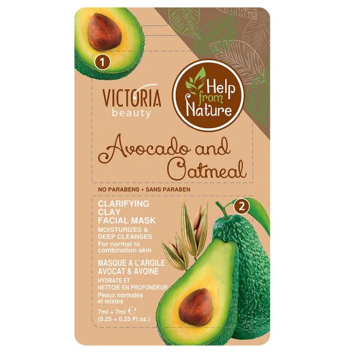Victoria Beauty skaidrinamoji veido kaukė su moliu, avokadais, avižiniais dribsniais, 2x7ml
